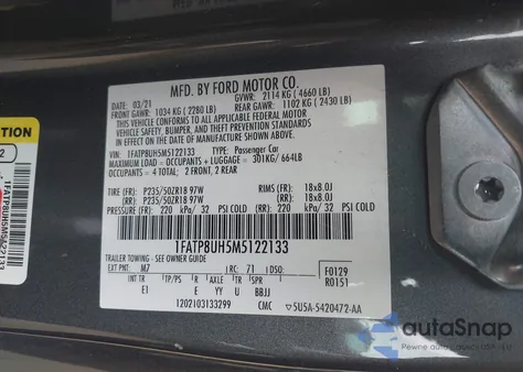 2021 Ford Mustang Ecoboost Premium z USA, uszkodzony, nr VIN 1FATP8UH5M5122133